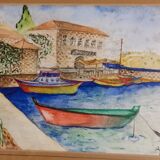 Marine painting on canvas fishing boats at the port