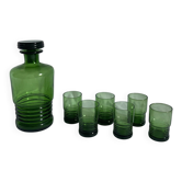 Service à liqueurs / boissons Vintage Verre Vert Émeraude Anneaux Reli