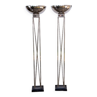 Pair Of So-called Athenian Floor Lamps - Chromed Metal - Vintage - Period: 20th Century
