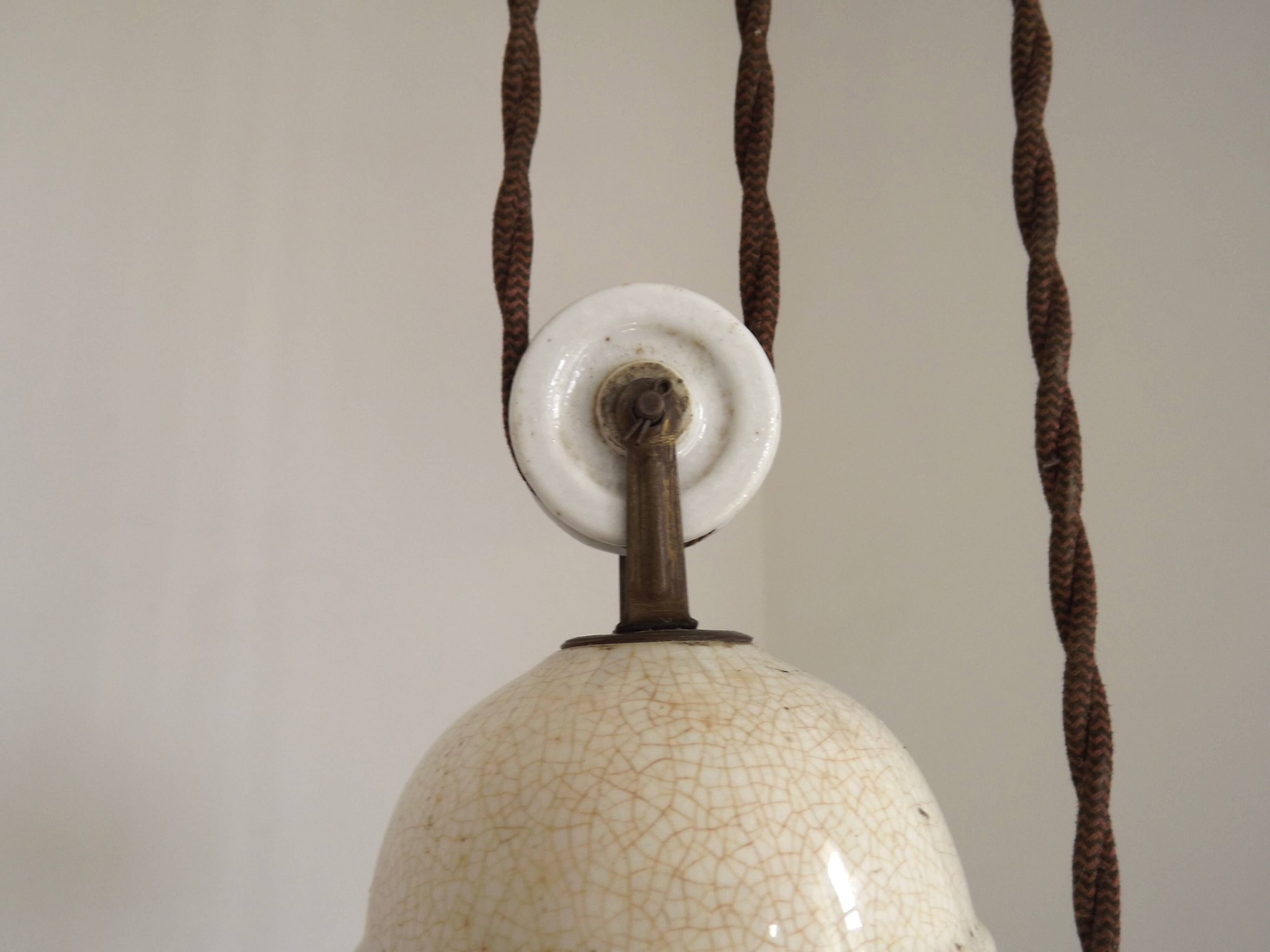 Vintage French Rise & Fall Counterbalance Ceiling Light Opaline Glass Shade