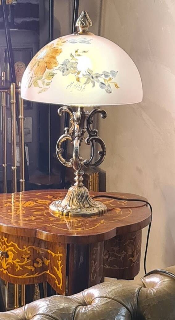Bronze lamp painting on lampshade signed glass 47x28