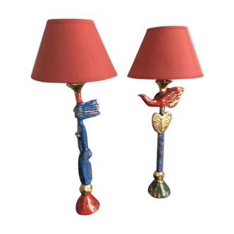 Pair of polychrome bronze lamps by Pierre Casenove for Fondica, 1990