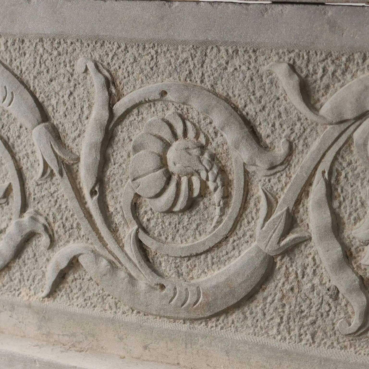Ancient Renaissance fireplace lintel in pietra serena stone, 15th century.