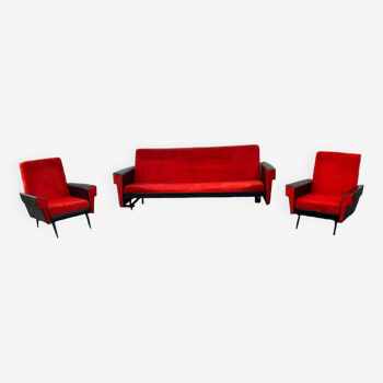 Ensemble canapé fauteuil vintage moumoute Skaï rouge