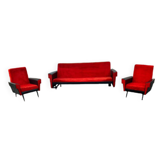 Vintage red Skaï moumoute armchair sofa set