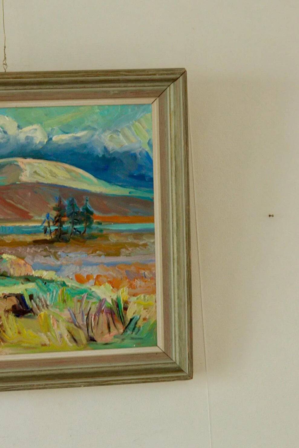 Huile sur panneau originale du milieu du siècle – « Paysage avec montagne »