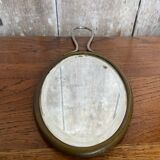 Ancien miroir verre biseauté face a main laiton + manches metal vintage