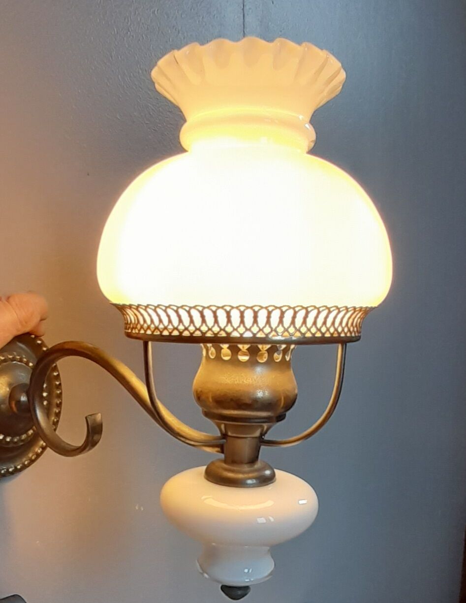 White opaline wall lamp metal, vintage 1960