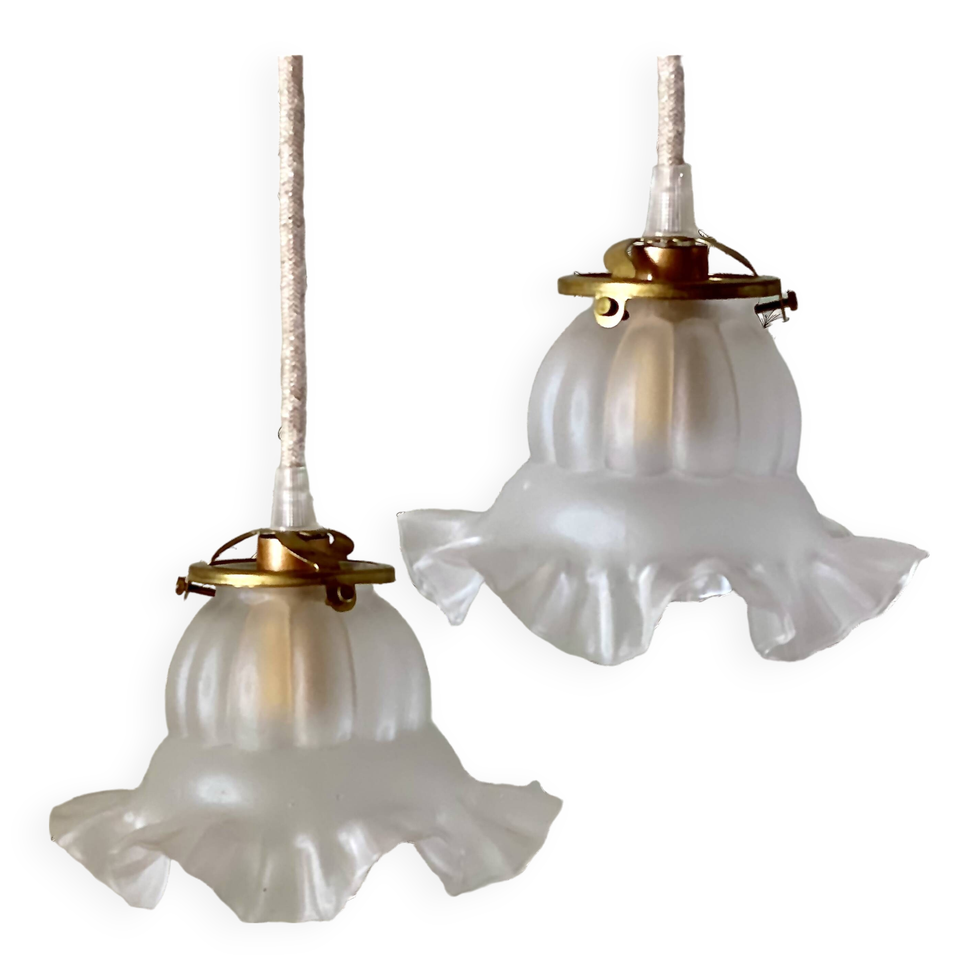 Two vintage tulip pendant lights in molded glass