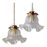Two vintage tulip pendant lights in molded glass