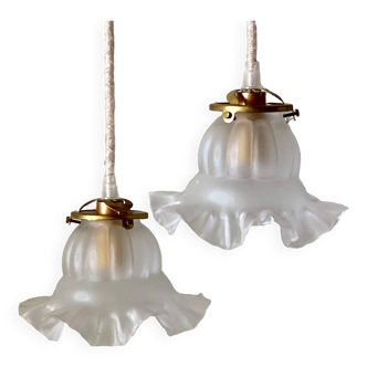 Two vintage tulip pendant lights in molded glass