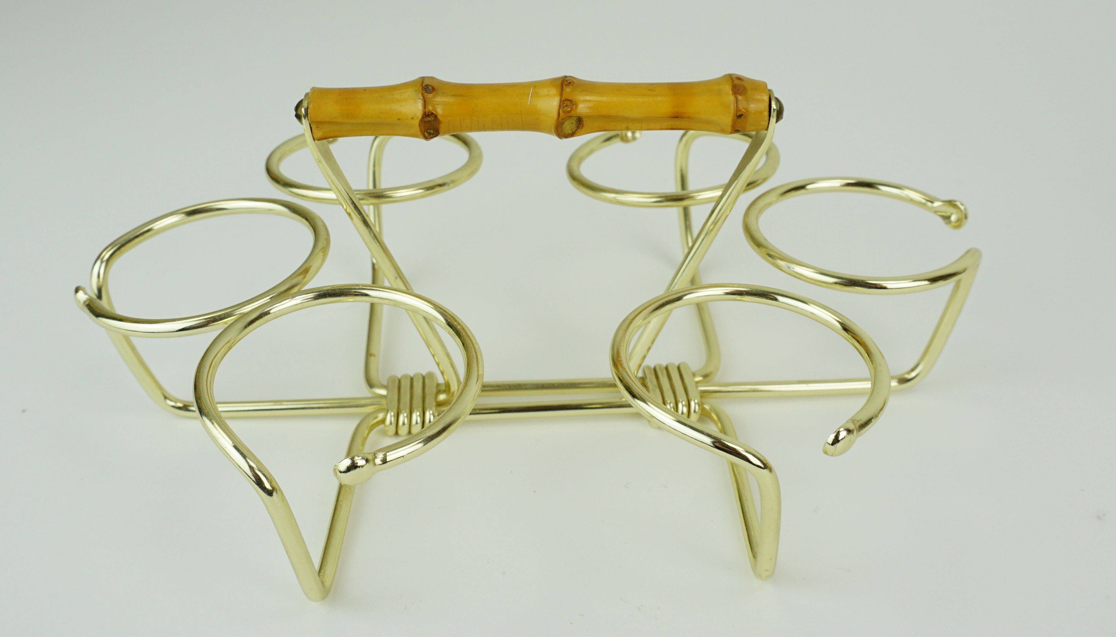 Set of 6 midcentury shot glasses in a brass holder with bamboo handle 1950s