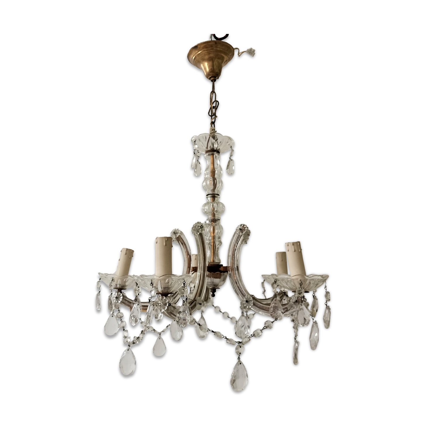 Lustre cristal et doré à pampilles 5 branches | Selency