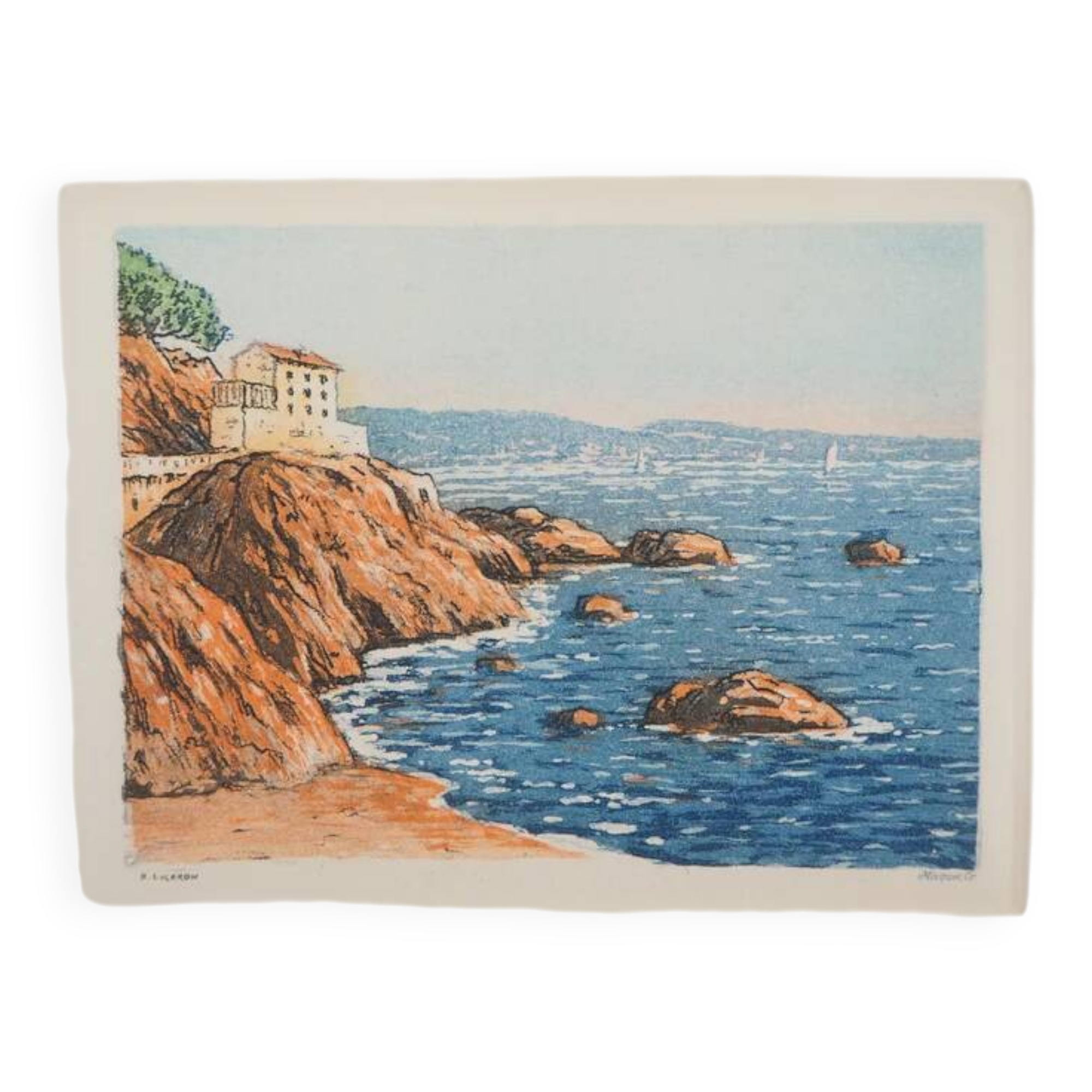 René Ligeron: Mediterranean, seaside house, signed original engraving.