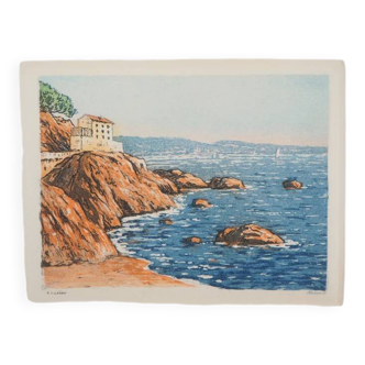 René Ligeron: Mediterranean, seaside house, signed original engraving.