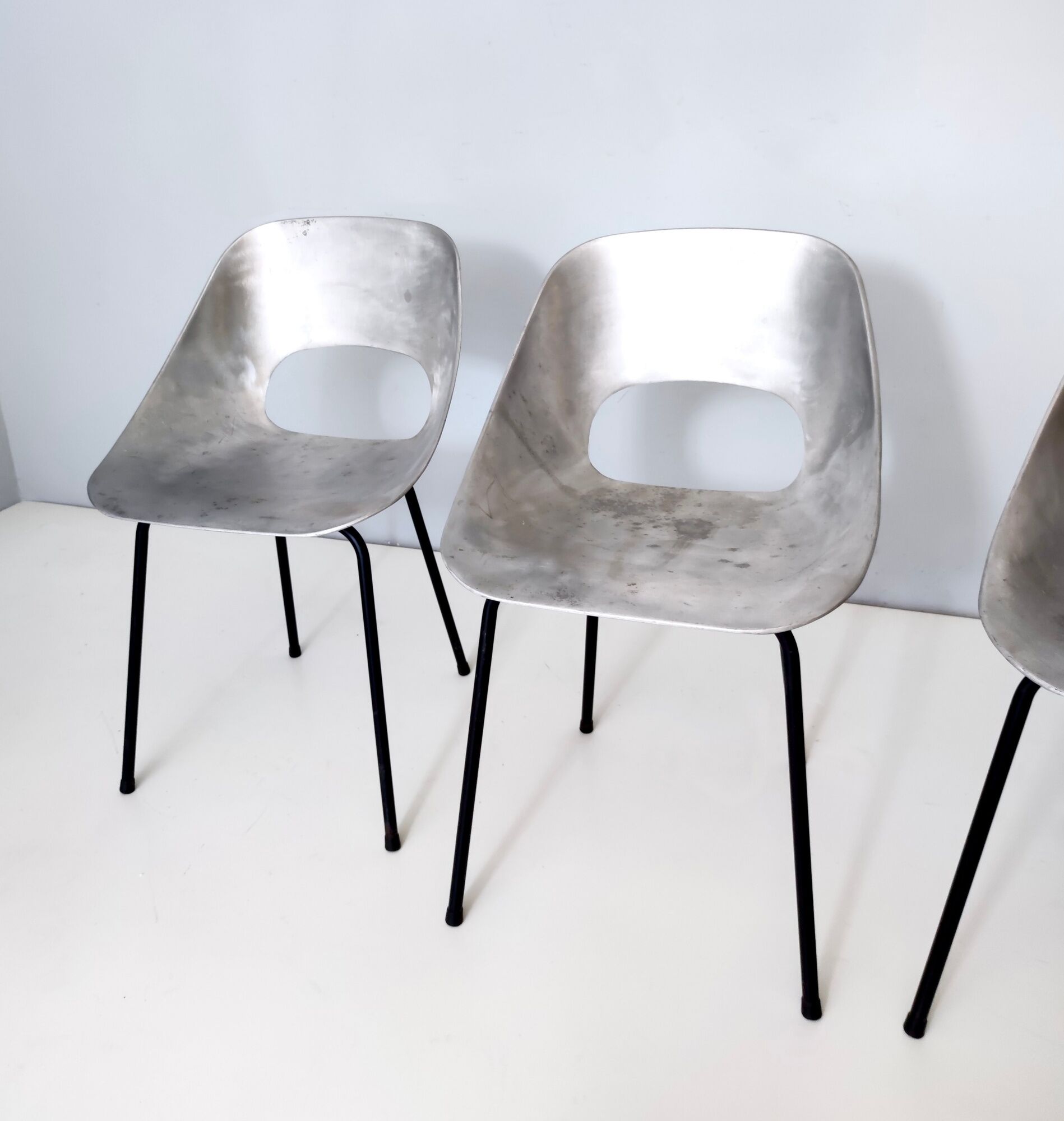 Set of Three Aluminum "Tulipe" Tonneu Chairs by Pierre Guariche, France