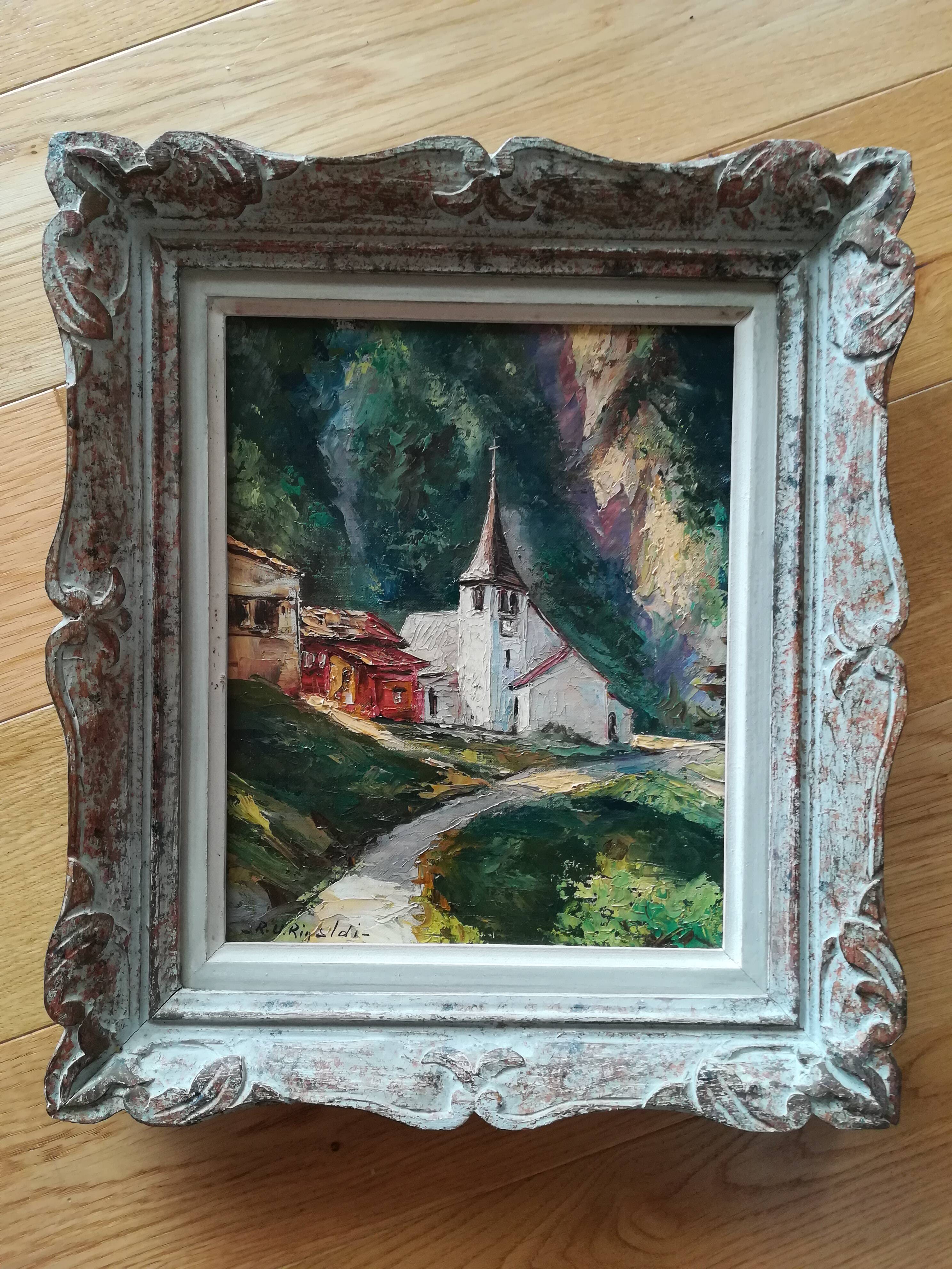 Oil on canvas landscape church of RU Rinaldi 20th century