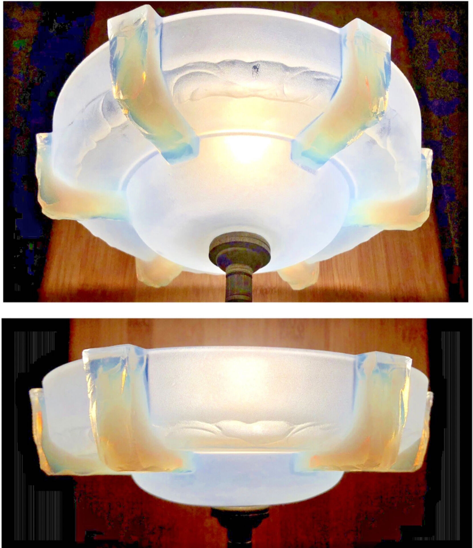 lampe Art Déco fer forgé style Edgar Brandt coupe opalescente Ezan