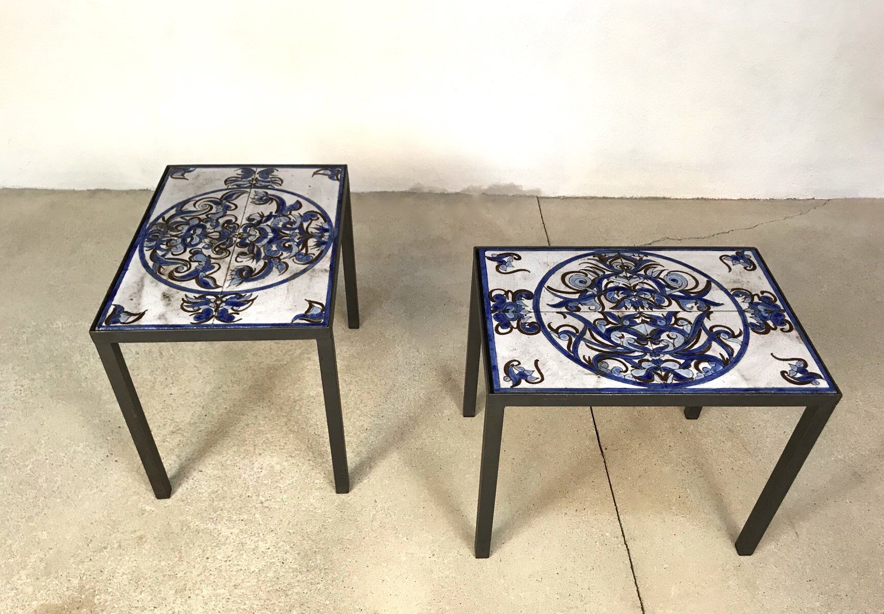 Italian ceramic tiles & steel side tables or nightstands, 1970s, set of 2