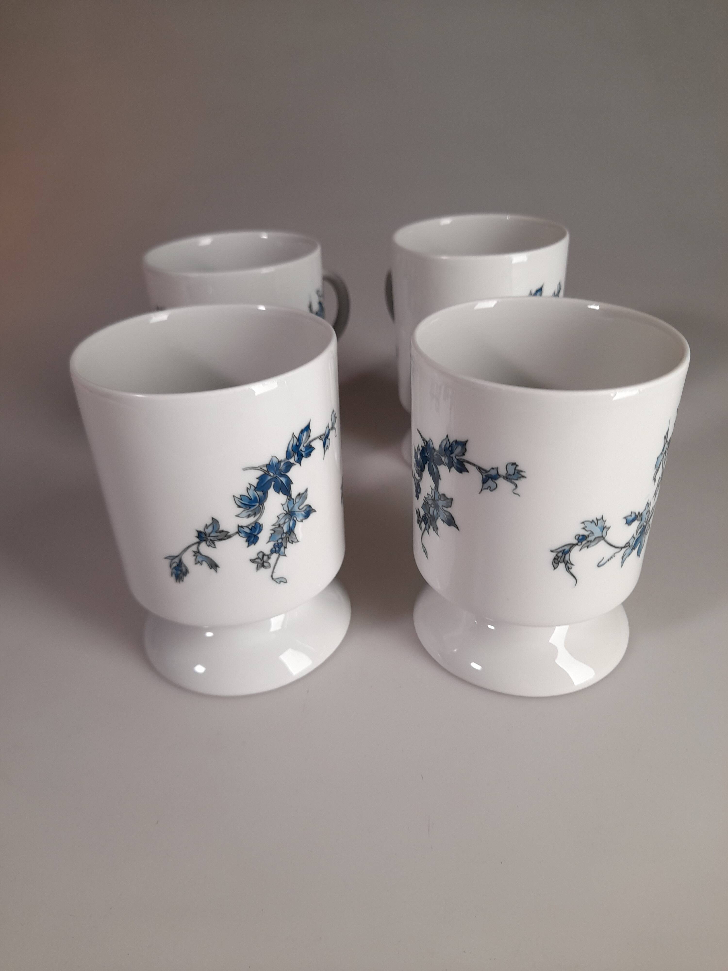 Set of 4 blue flower mugs / cups in Limoges porcelain Castel