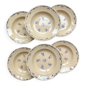 6 assiettes creuses porcelaine vintage K&G Luneville "Flore" 1950s petites fleurs bleues