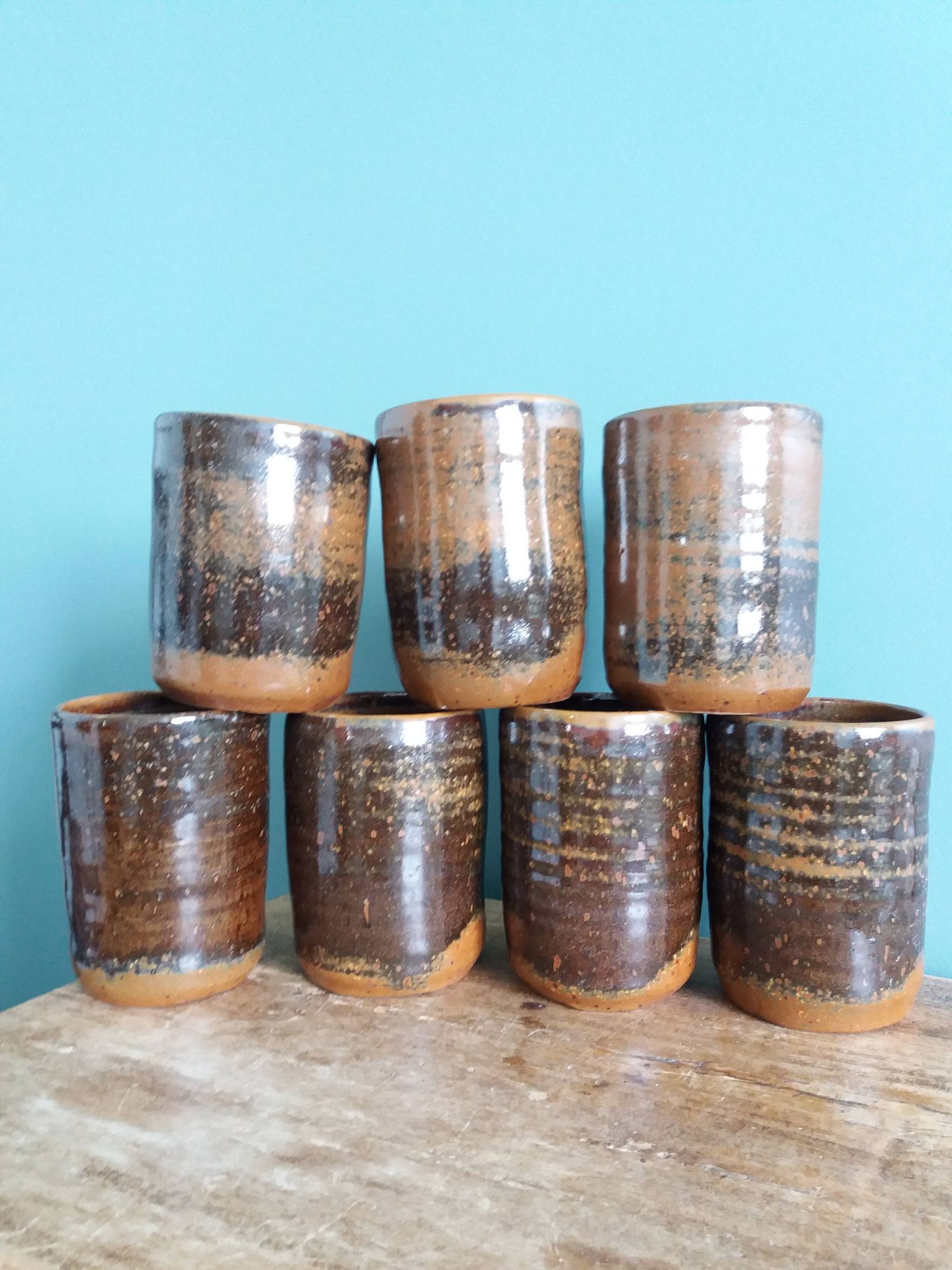 Handcrafted stoneware glass cups, signed, Fontgombault Abbey