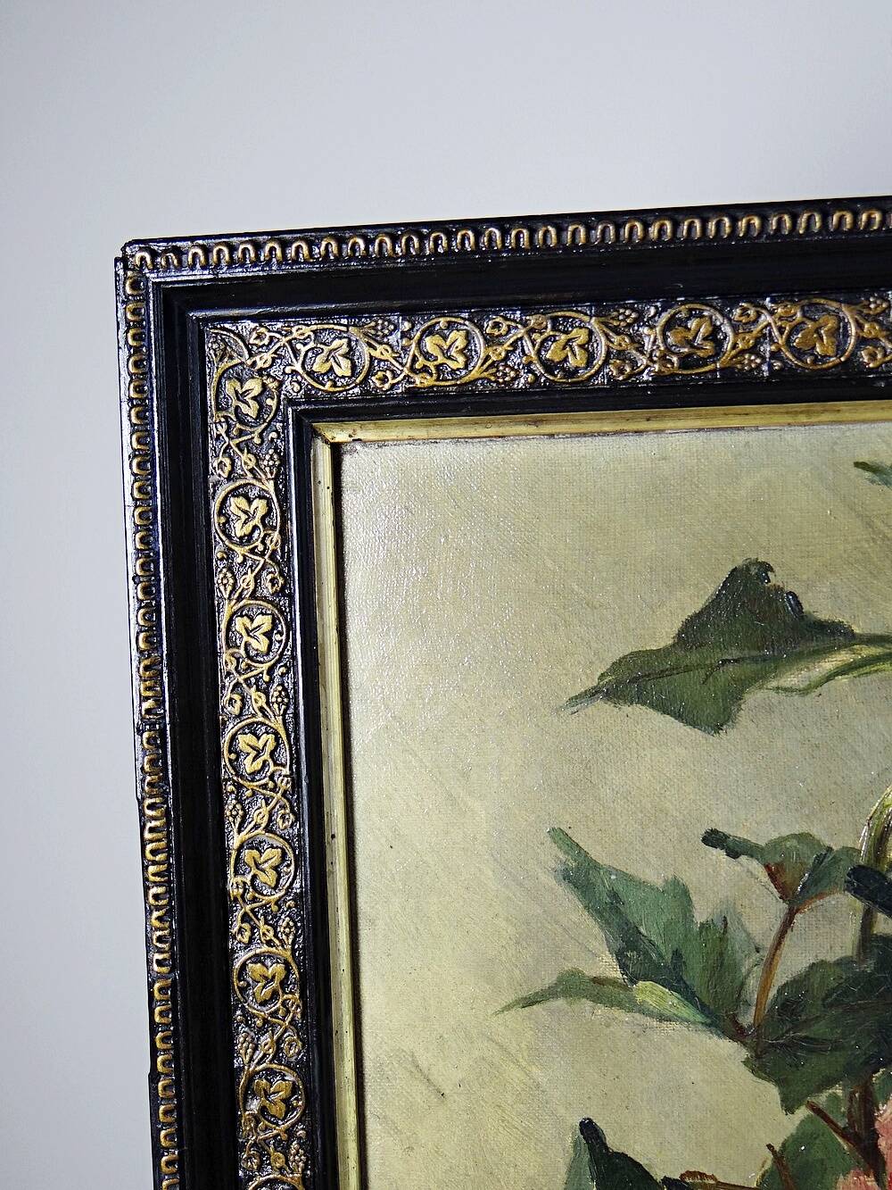 Large antique painting of peonies, signed E. Jacque, late 19th to early 20th century.