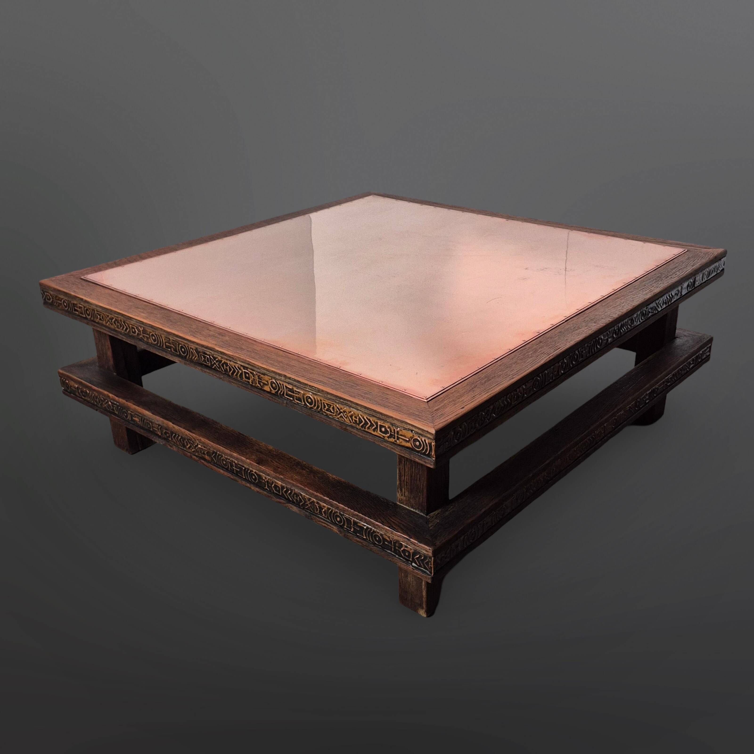 Brutalist oak square coffee table with copper top, Netherlands 1950s