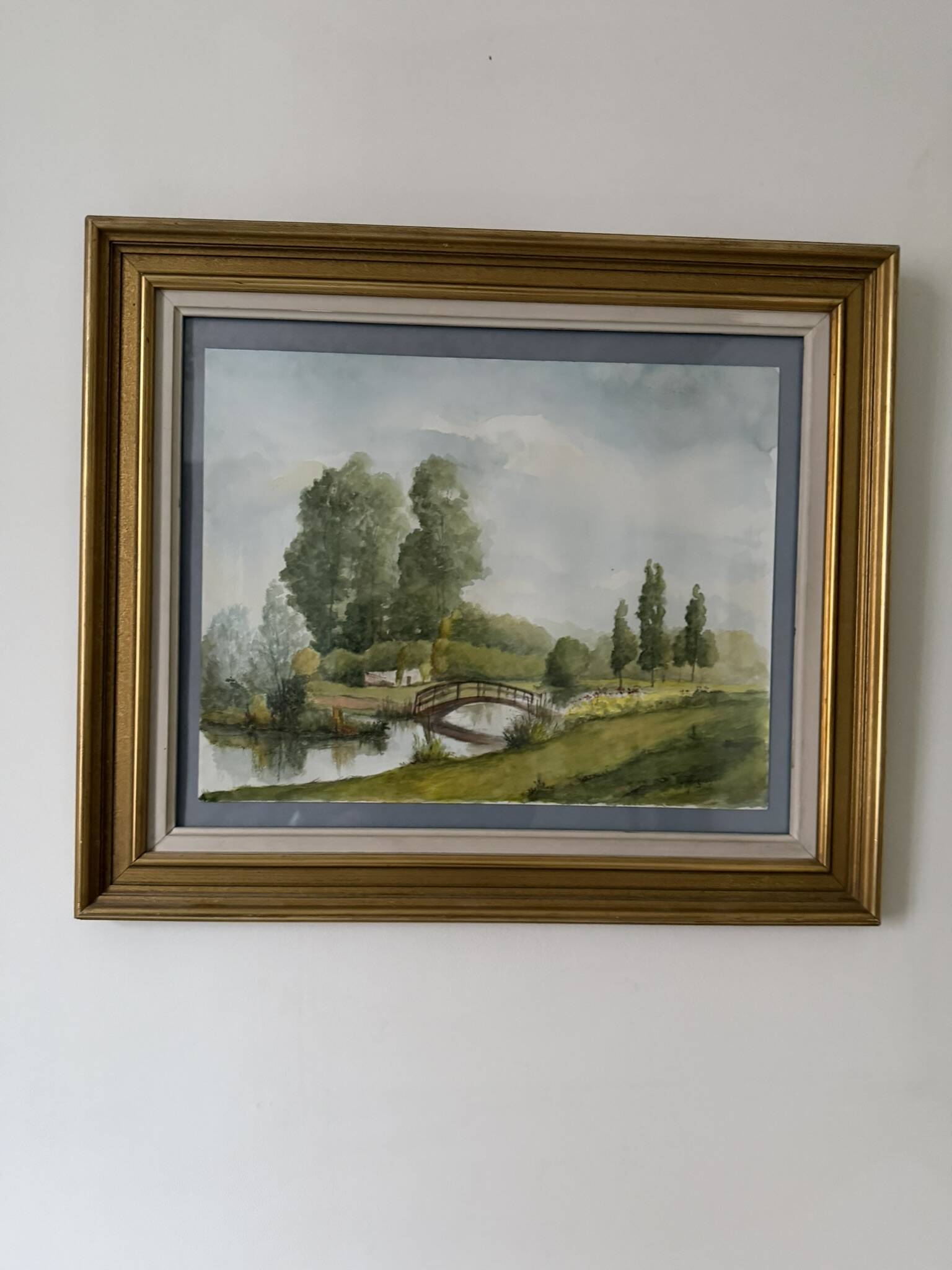 Watercolour landscape river with bridge