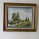 Watercolour landscape river with bridge
