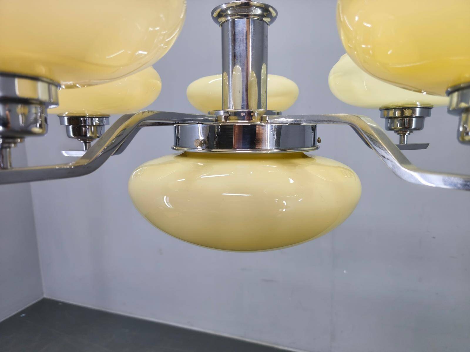 Art Deco Chrome Chandelier with Six Opaline Glass Shades, 1930s