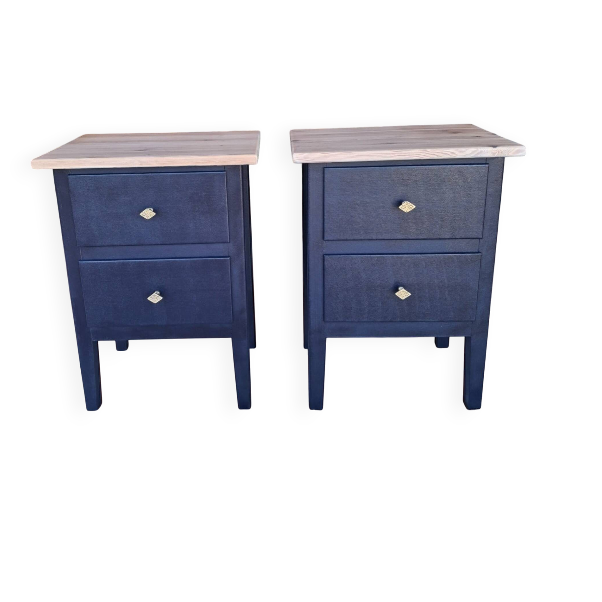 Tables de chevet MCM vintage – Bleu foncé, tiroirs et poignées laiton