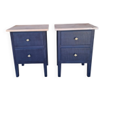 Tables de chevet MCM vintage – Bleu foncé, tiroirs et poignées laiton