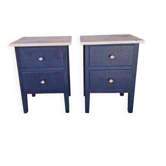 Tables de chevet MCM vintage – Bleu foncé, tiroirs et poignées laiton