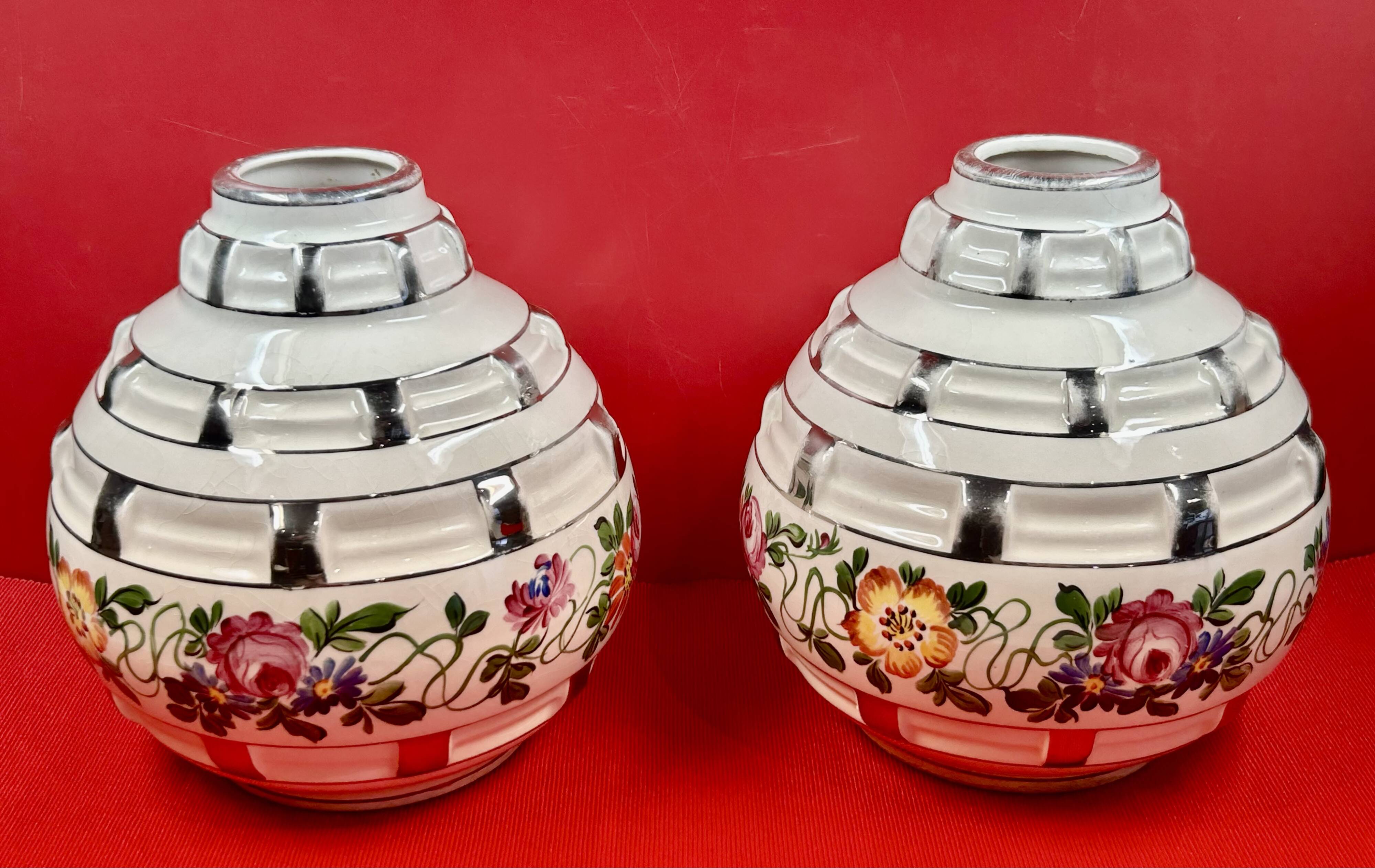 contemporary ceramics pair of Art Deco vases signed Elgé - Vierzon - H 20