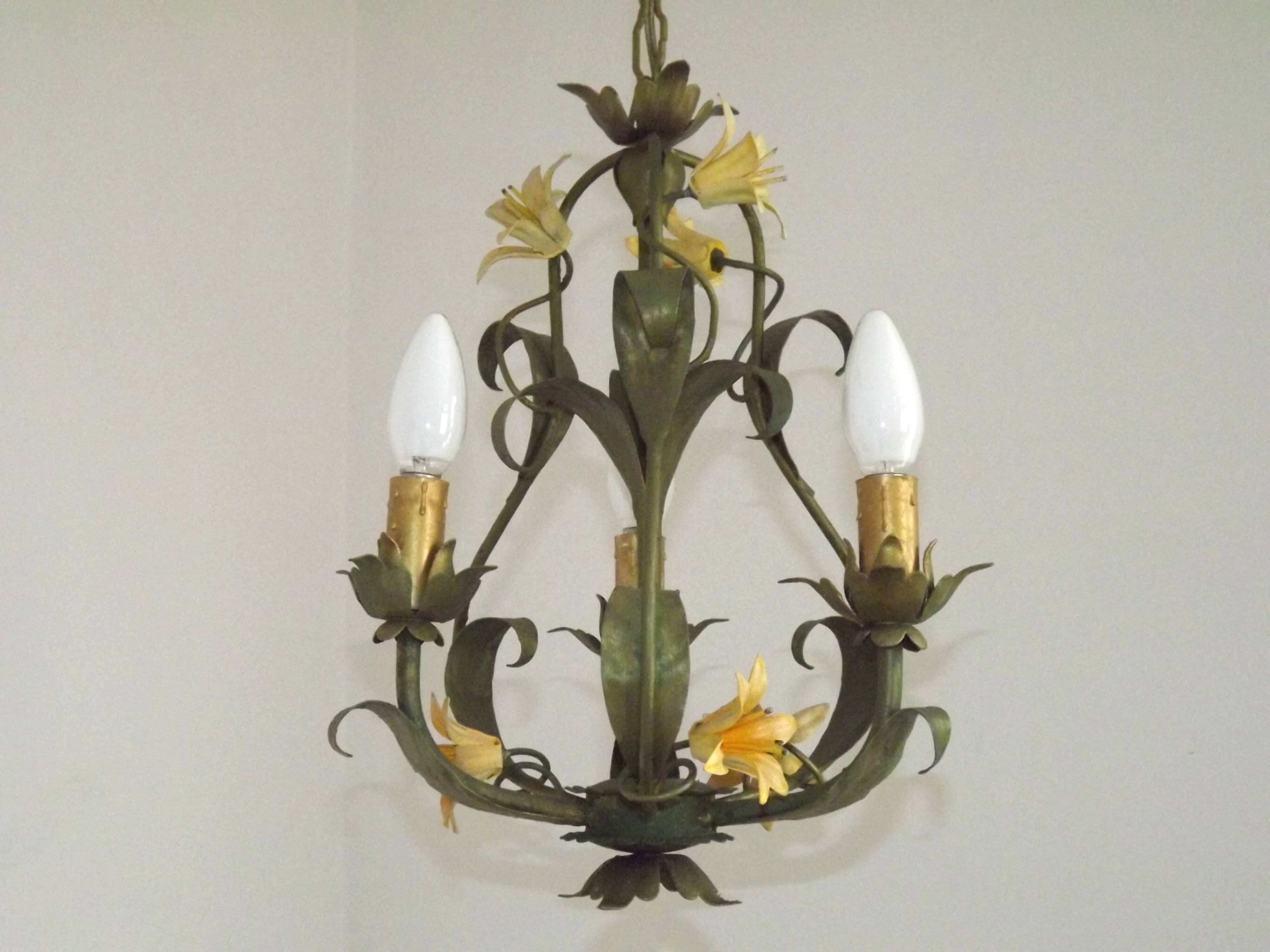 French Vintage 3 Light Cage Chandelier Hand Painted Floral Design