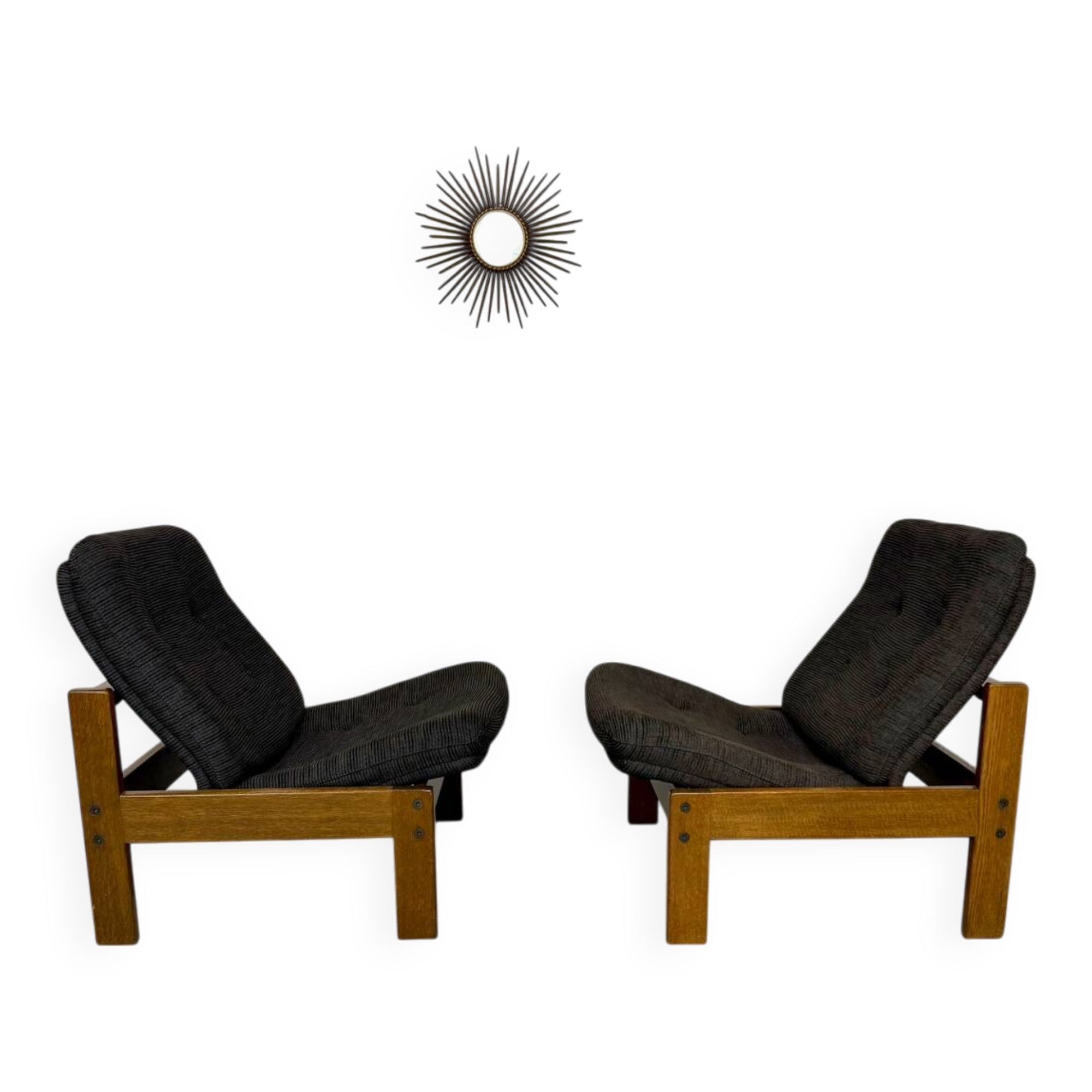 Lot of 2 adjustable wooden fabric chairs, Scandinavian design, vintage 1970s.
