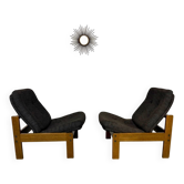 Lot of 2 adjustable wooden fabric chairs, Scandinavian design, vintage 1970s.