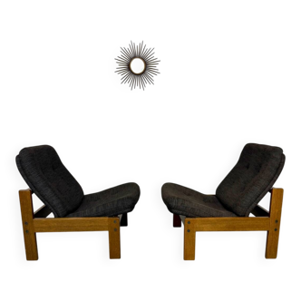 Lot of 2 adjustable wooden fabric chairs, Scandinavian design, vintage 1970s.