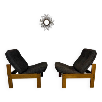 Lot of 2 adjustable wooden fabric chairs, Scandinavian design, vintage 1970s.