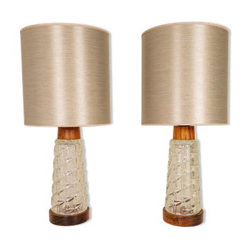 Midcentury table lamps Orrefors teak and glass Sweden