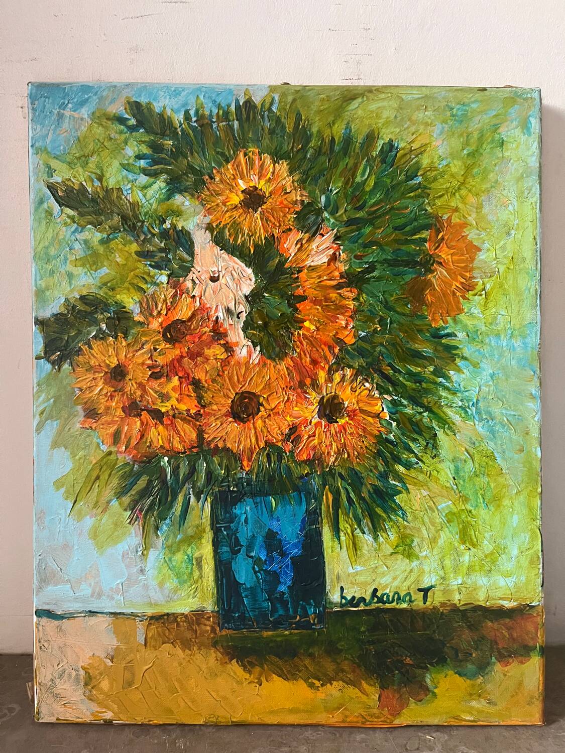 Sunflowers in a blue vase, knife technique, signed
