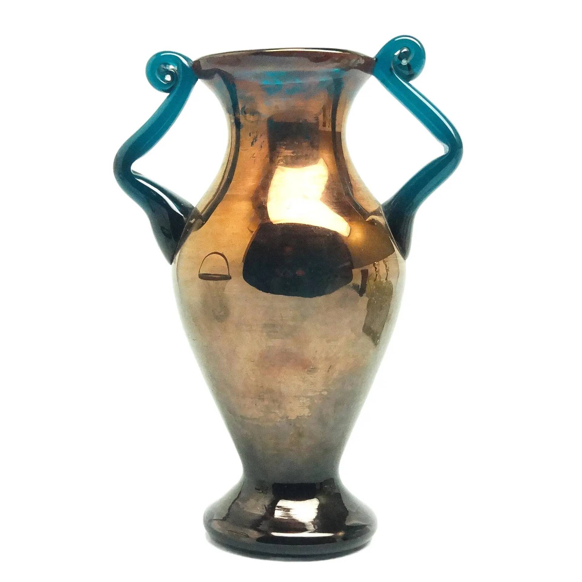 Postmodern vase, copper and turquoise glass, Huta Hortensja, Poland, 1970s