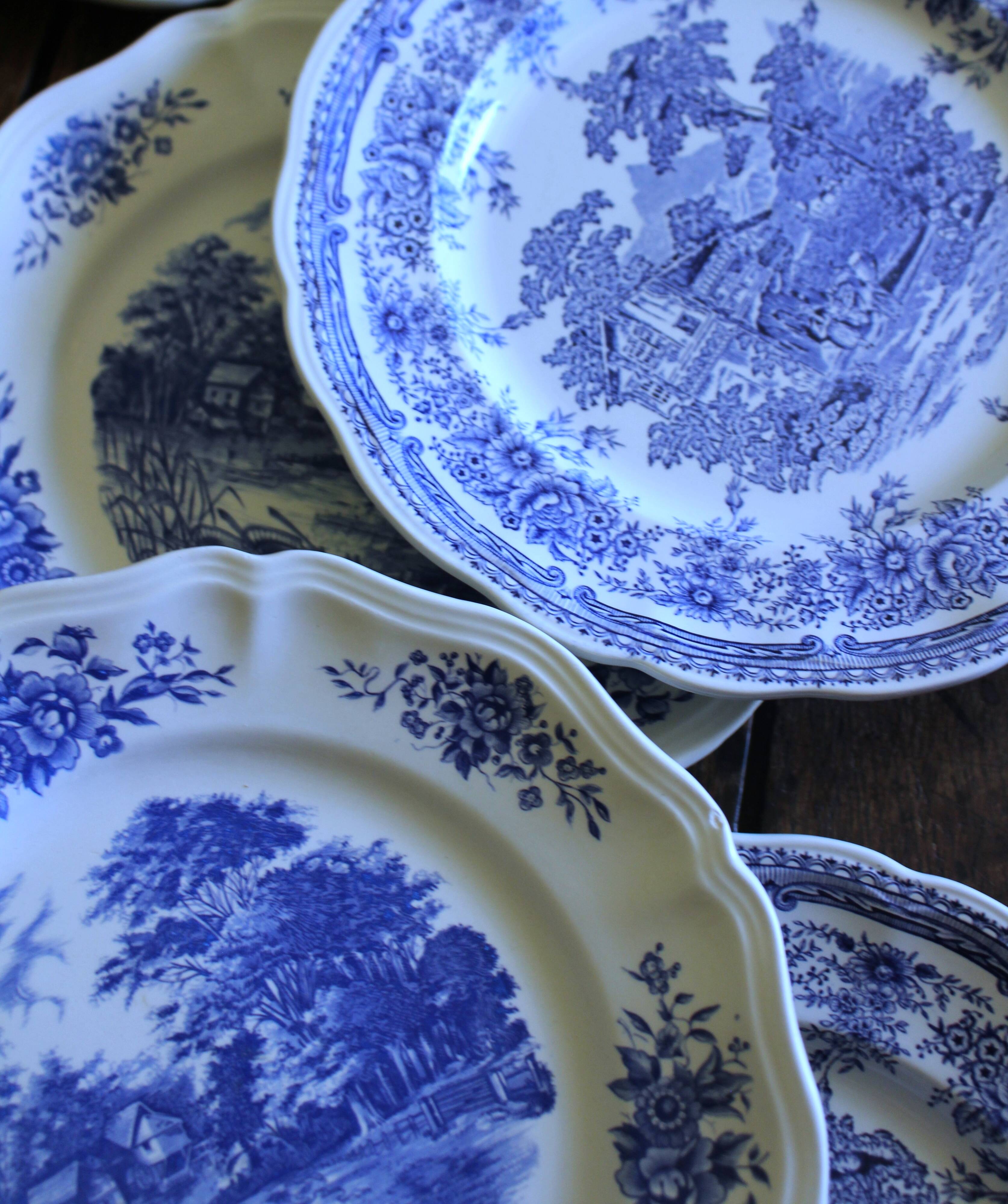 6 romantic blue Lunéville Sarreguemines dinner plates