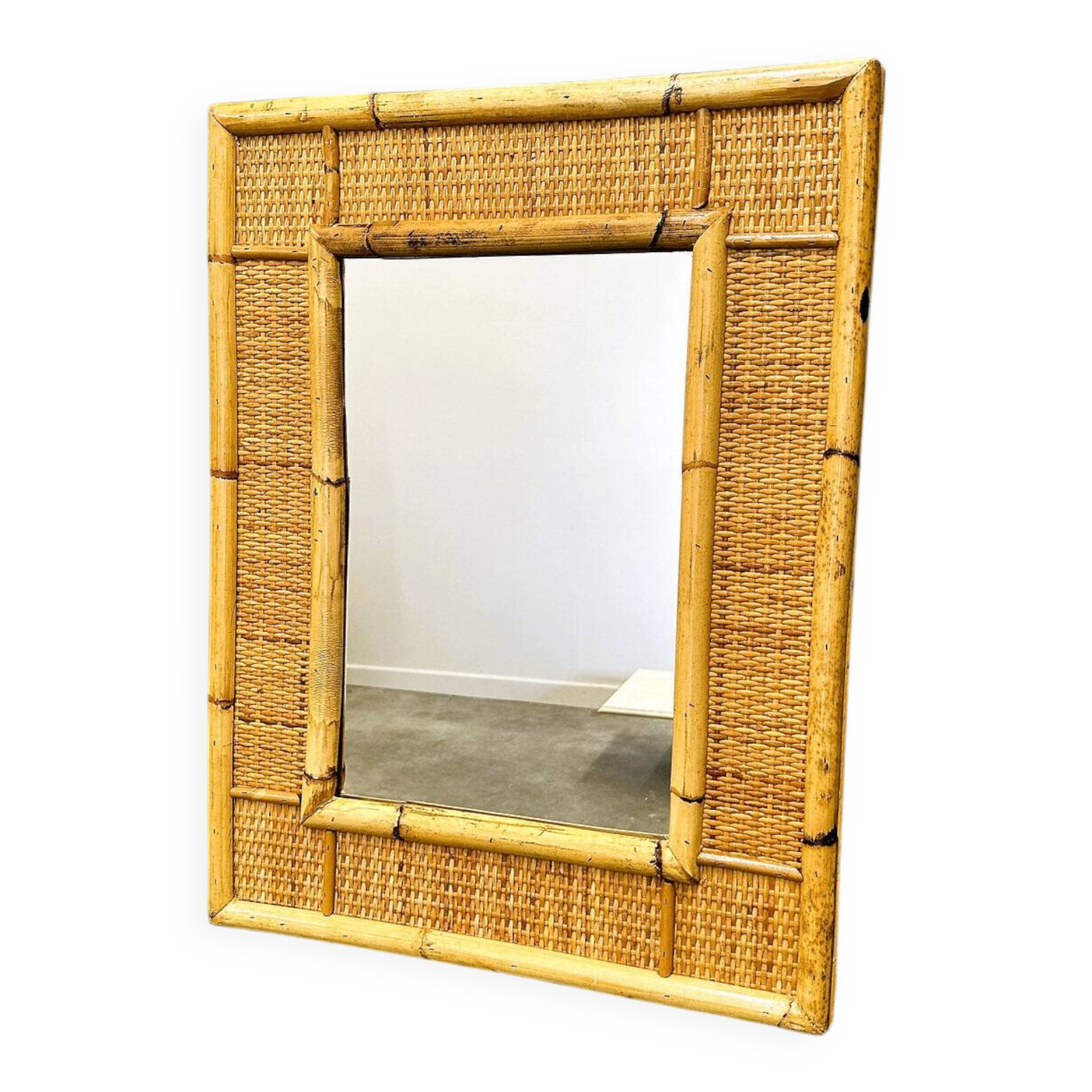 Vintage mid-century bamboo and rattan mirror by Dal Vera, Italy 1970s.