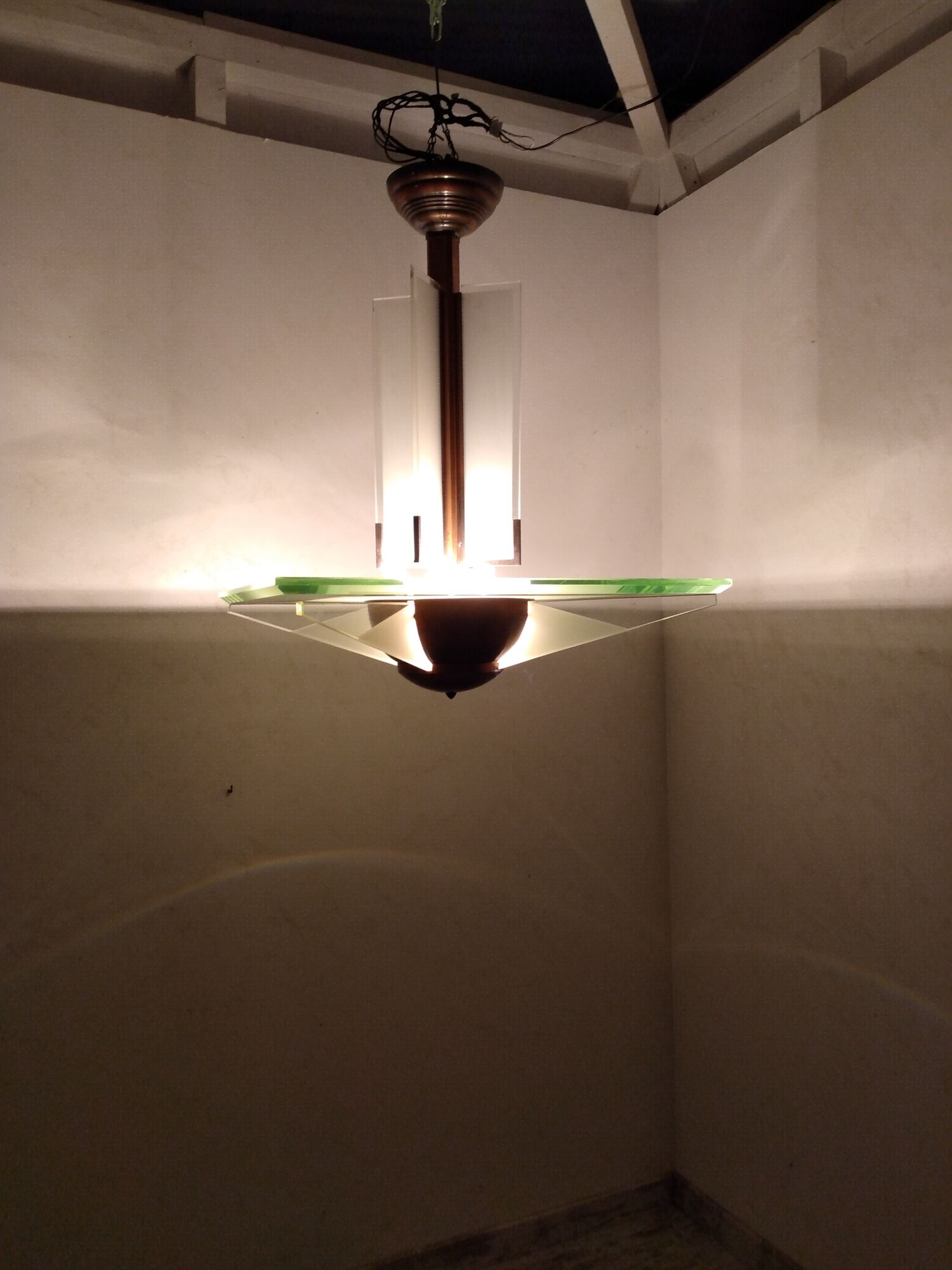 Modernist art deco chandelier/pendant lamp in glass and metal