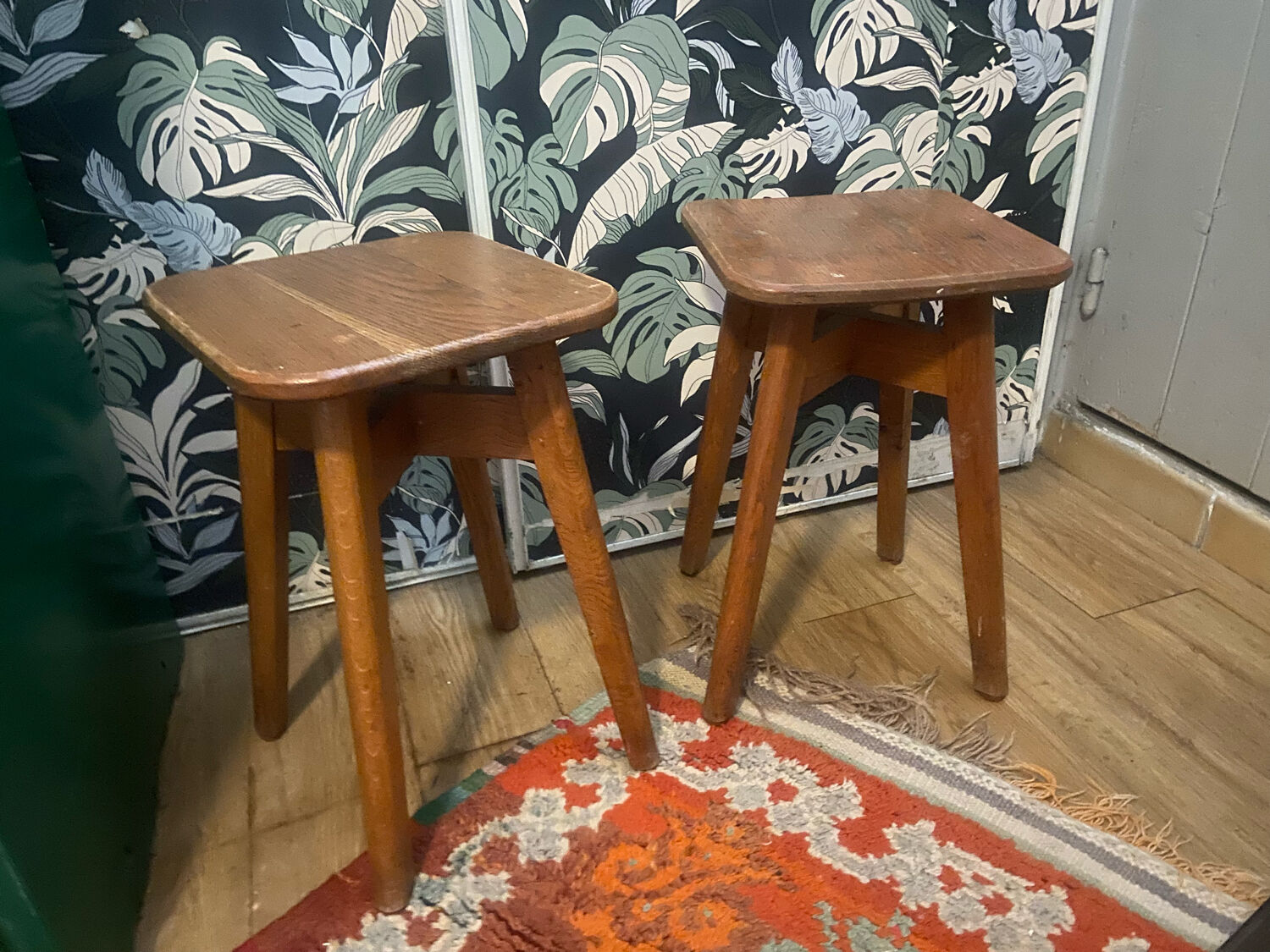 Pair of brutalist solid oak stools