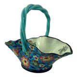 Large earthenware basket, Longwy enamels, turquoise blue cloisonné, twisted handle, stamp