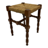 Tabouret brutaliste en chêne et paille, années 60