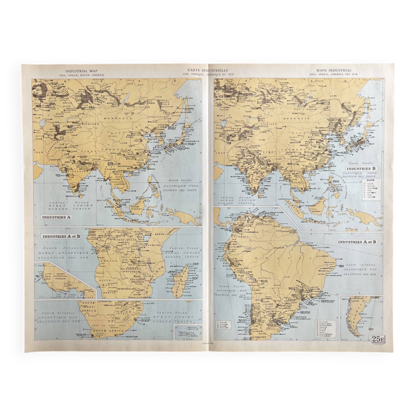 Carte industrielle ancienne Asie, Afrique & Amérique du Sud